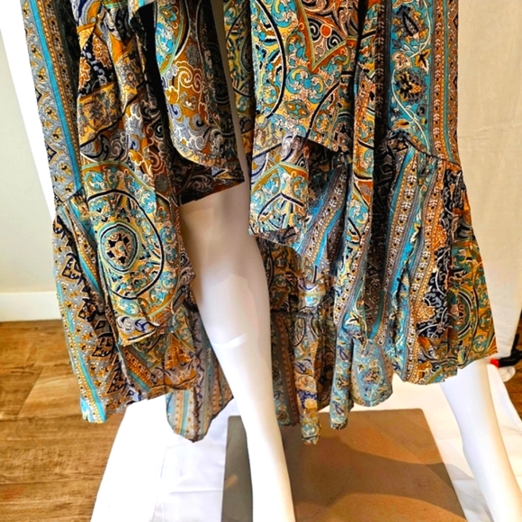 KARMA HIGHWAY Gold Teal Hi Lo Ruffle Hem Sangria Dress OS NEW - Picture 3 of 7